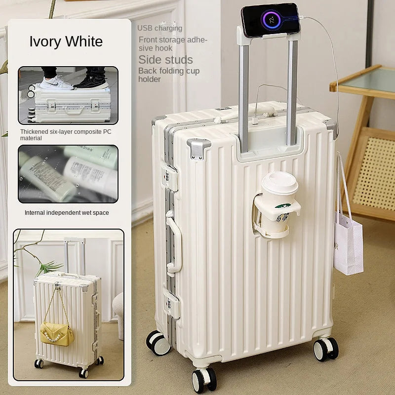 New Fashion 28/30 inch Suitcase Large Size Aluminium Frame Charging Luggage 20 inch Cabin Trip Travel Bags with Cup Holder