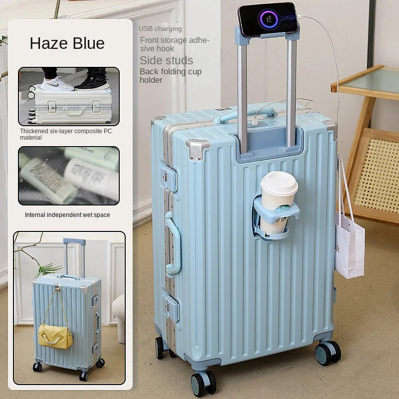 New Fashion 28/30 inch Suitcase Large Size Aluminium Frame Charging Luggage 20 inch Cabin Trip Travel Bags with Cup Holder