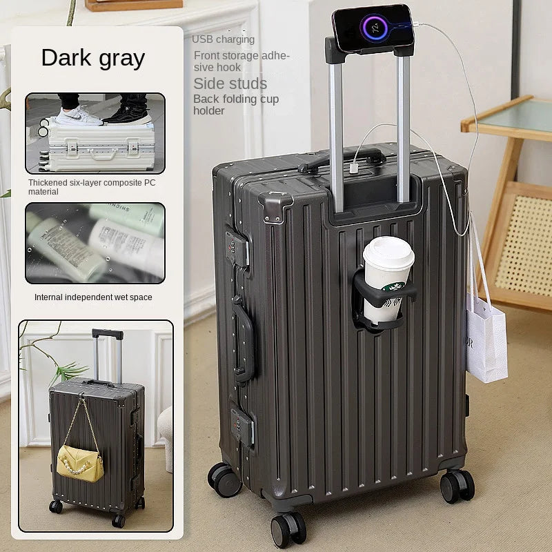 New Fashion 28/30 inch Suitcase Large Size Aluminium Frame Charging Luggage 20 inch Cabin Trip Travel Bags with Cup Holder