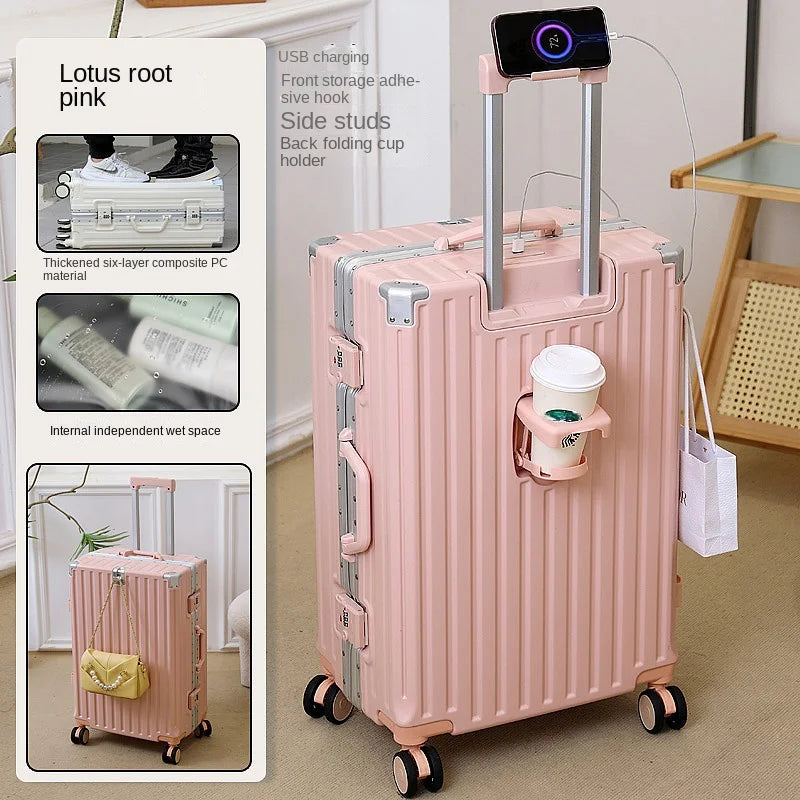New Fashion 28/30 inch Suitcase Large Size Aluminium Frame Charging Luggage 20 inch Cabin Trip Travel Bags with Cup Holder