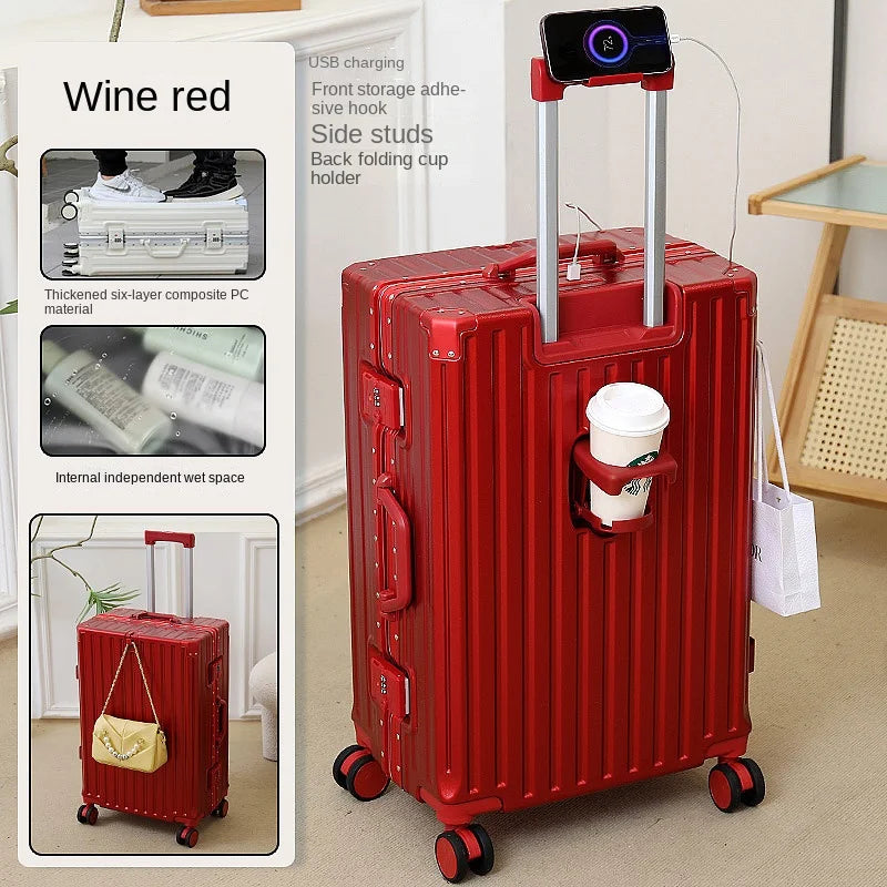 New Fashion 28/30 inch Suitcase Large Size Aluminium Frame Charging Luggage 20 inch Cabin Trip Travel Bags with Cup Holder