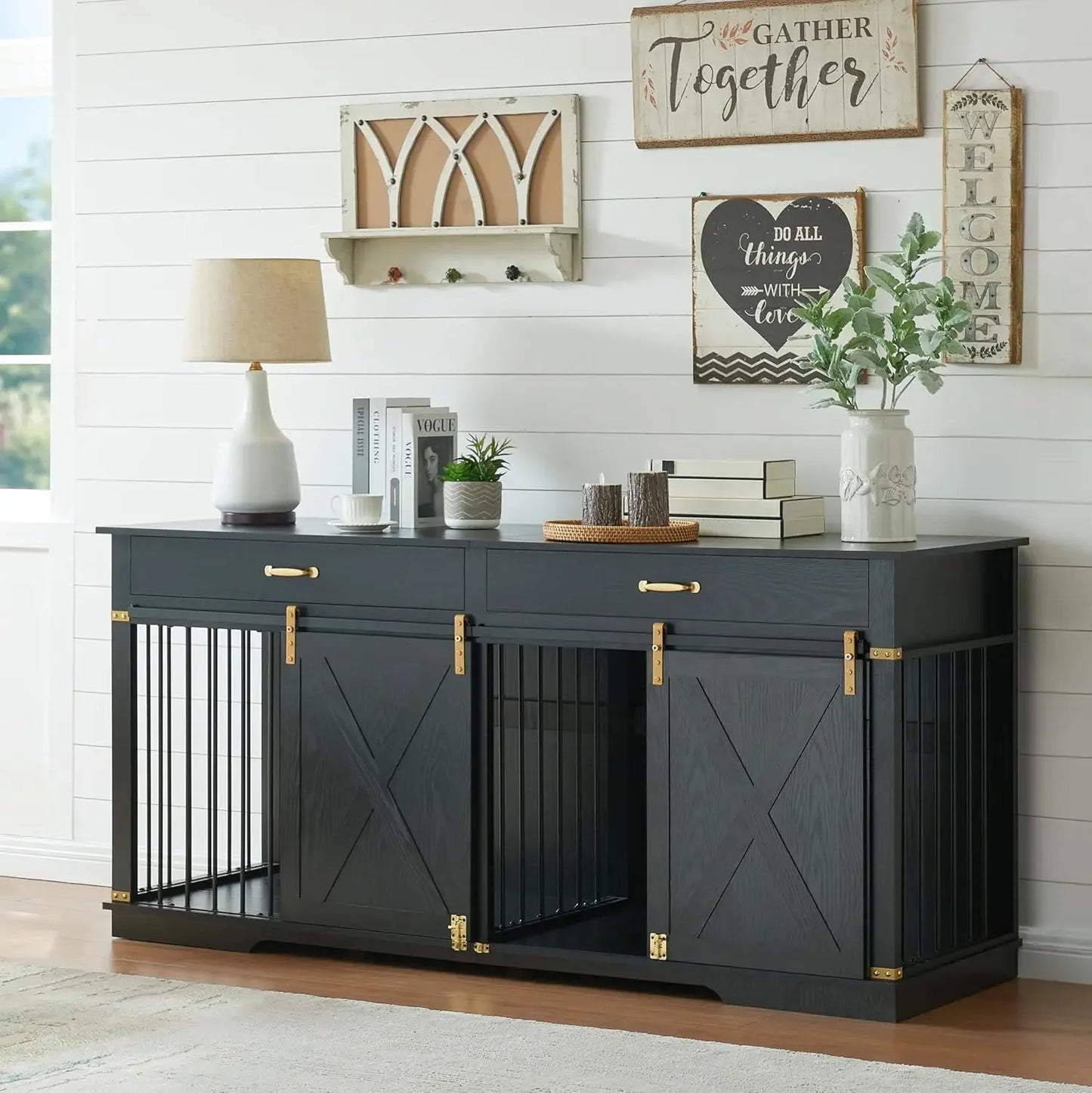 Extra Large Furniture Style Double Dog Crates for Large Breeds, Wooden Dog Kennel Furniture with Drawers