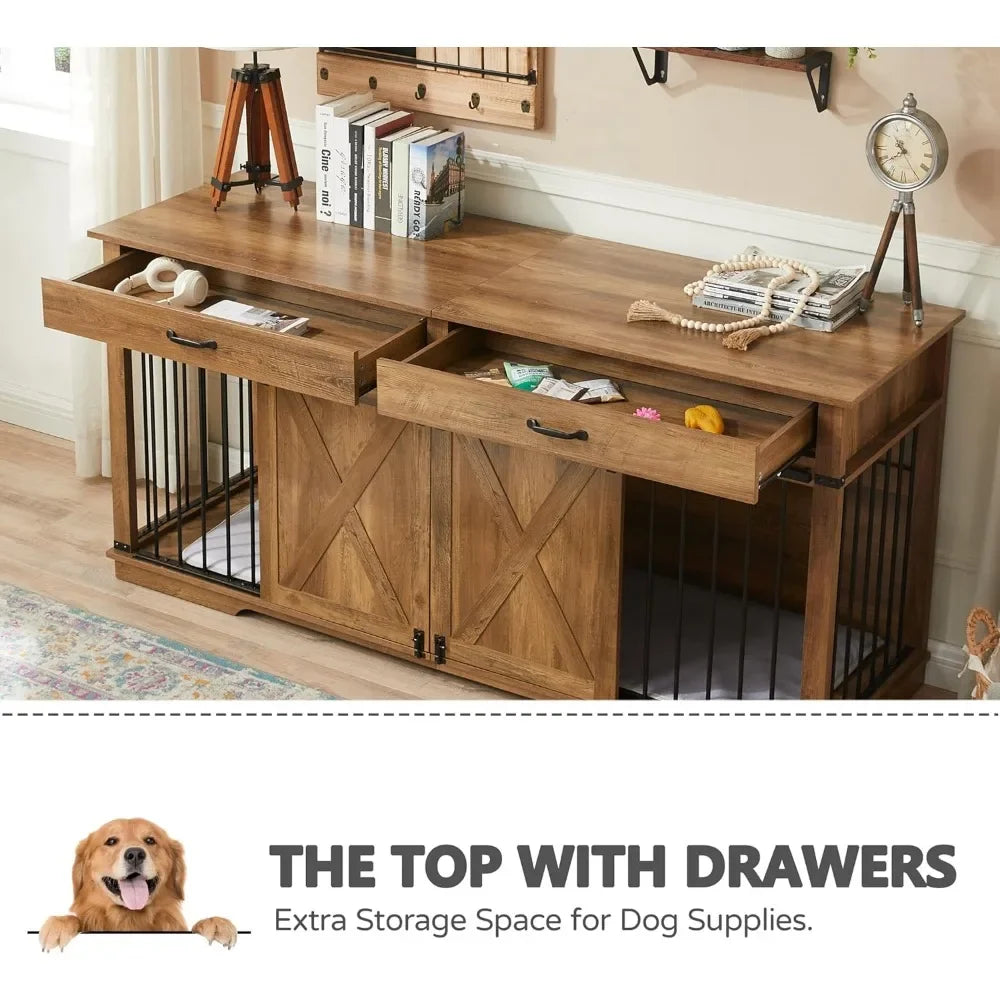 Extra Large Furniture Style Double Dog Crates for Large Breeds, Wooden Dog Kennel Furniture with Drawers