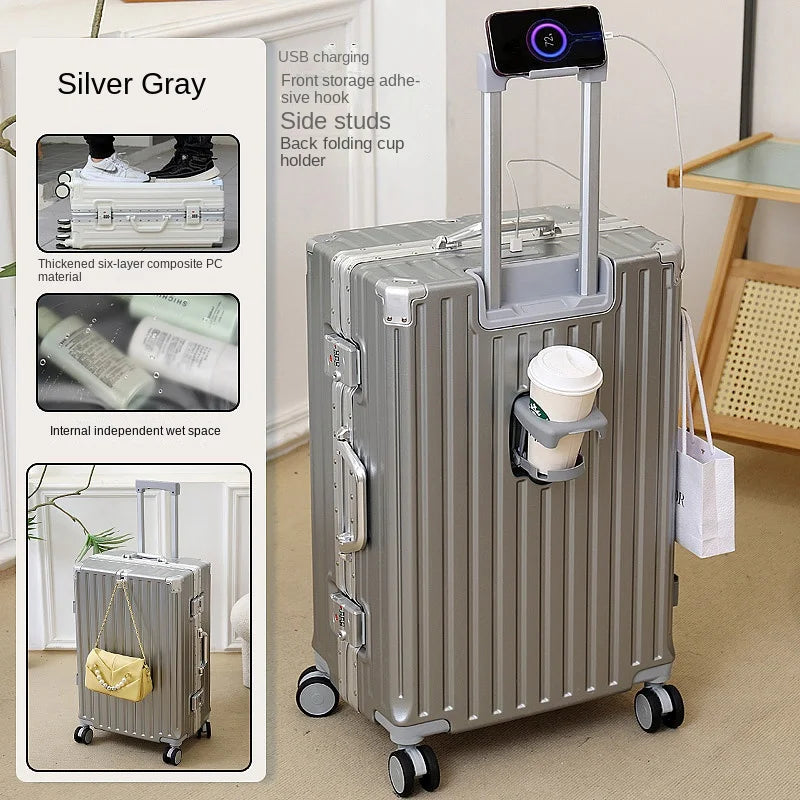 New Fashion 28/30 inch Suitcase Large Size Aluminium Frame Charging Luggage 20 inch Cabin Trip Travel Bags with Cup Holder