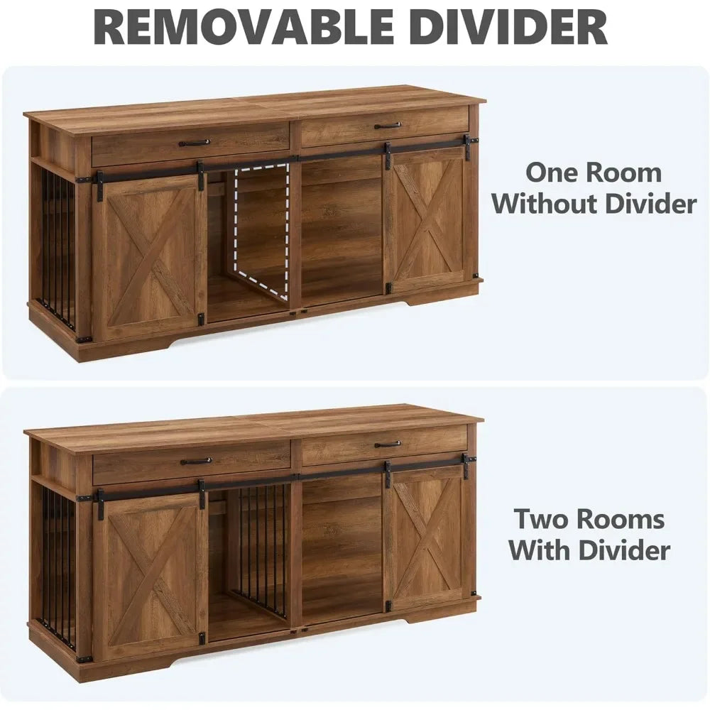 Extra Large Furniture Style Double Dog Crates for Large Breeds, Wooden Dog Kennel Furniture with Drawers