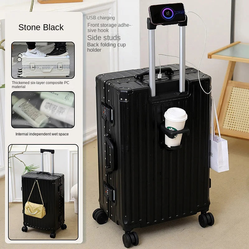 New Fashion 28/30 inch Suitcase Large Size Aluminium Frame Charging Luggage 20 inch Cabin Trip Travel Bags with Cup Holder