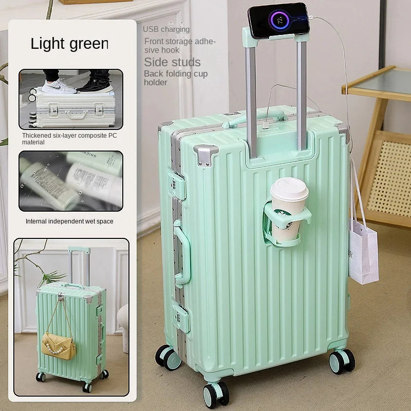 New Fashion 28/30 inch Suitcase Large Size Aluminium Frame Charging Luggage 20 inch Cabin Trip Travel Bags with Cup Holder