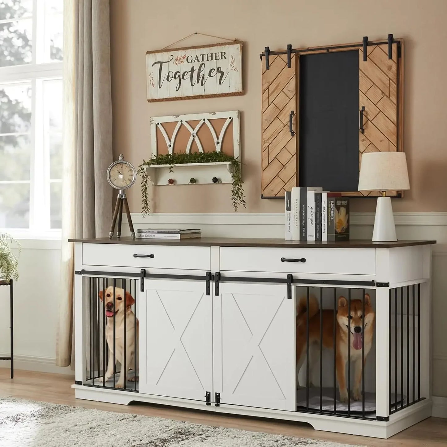 Extra Large Furniture Style Double Dog Crates for Large Breeds, Wooden Dog Kennel Furniture with Drawers