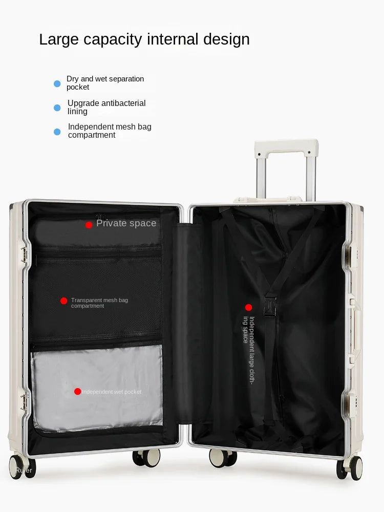 New Fashion 28/30 inch Suitcase Large Size Aluminium Frame Charging Luggage 20 inch Cabin Trip Travel Bags with Cup Holder