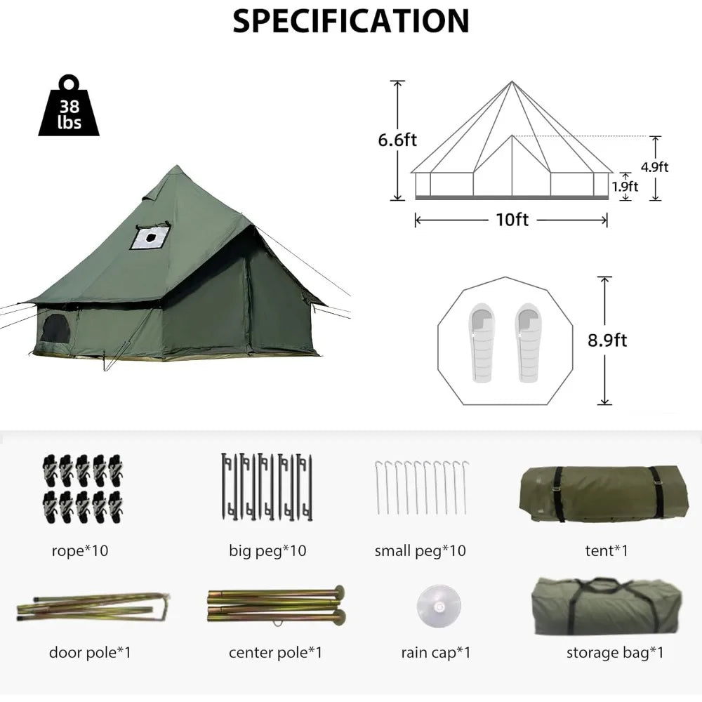 Cotton canvas bell tent with stove jack for family camping, four season tent with zippered removable floor